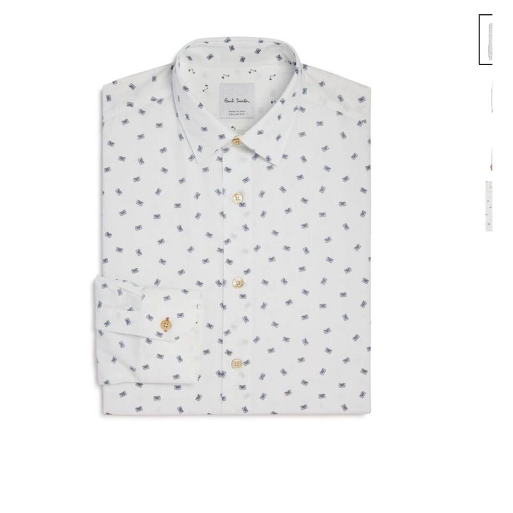 Paul Smith Italy Cassette Tape Print Cotton Dress Shirt White Navy Men's 17.5
